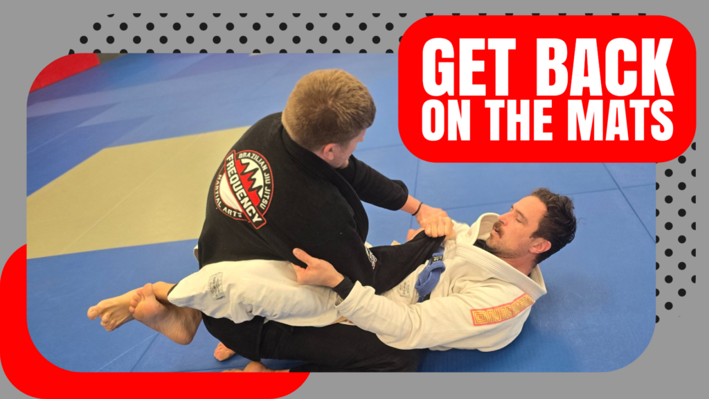 Two adult students at Frequency Martial Arts practicing Brazilian Jiu Jitsu, focusing on technique and control during training.